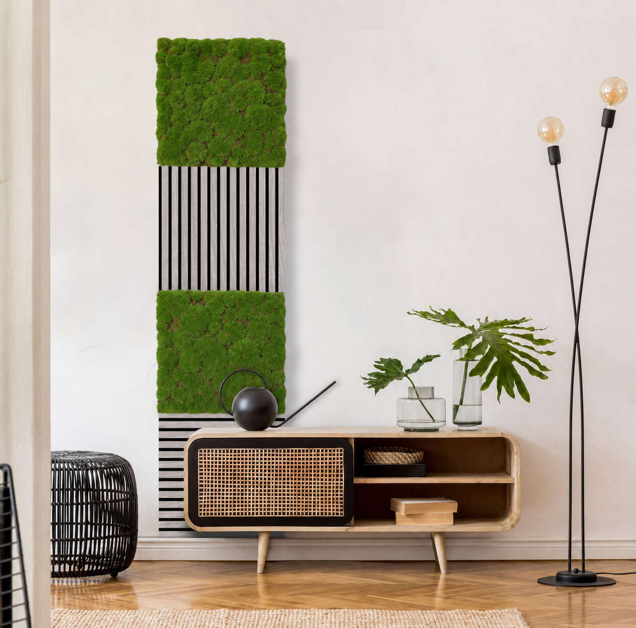 Wohnzimmerdekor, Mooswand, Kastenschrank, LED-Lampe, Pflanzenvasen