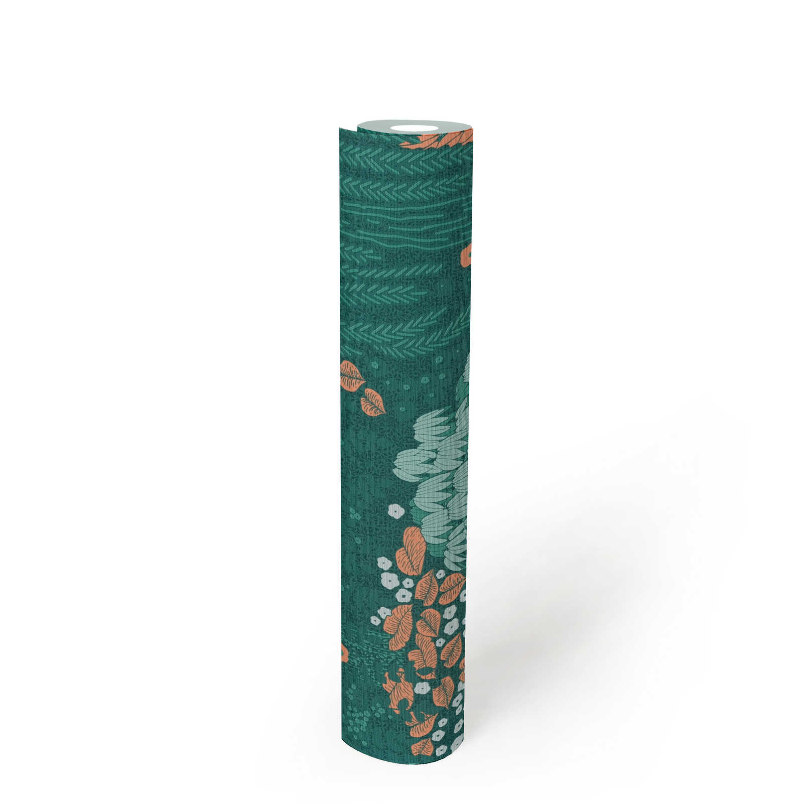             Florale Tapete mit Blättern leicht strukturiert, matt – Petrol, Orange, Grün
        