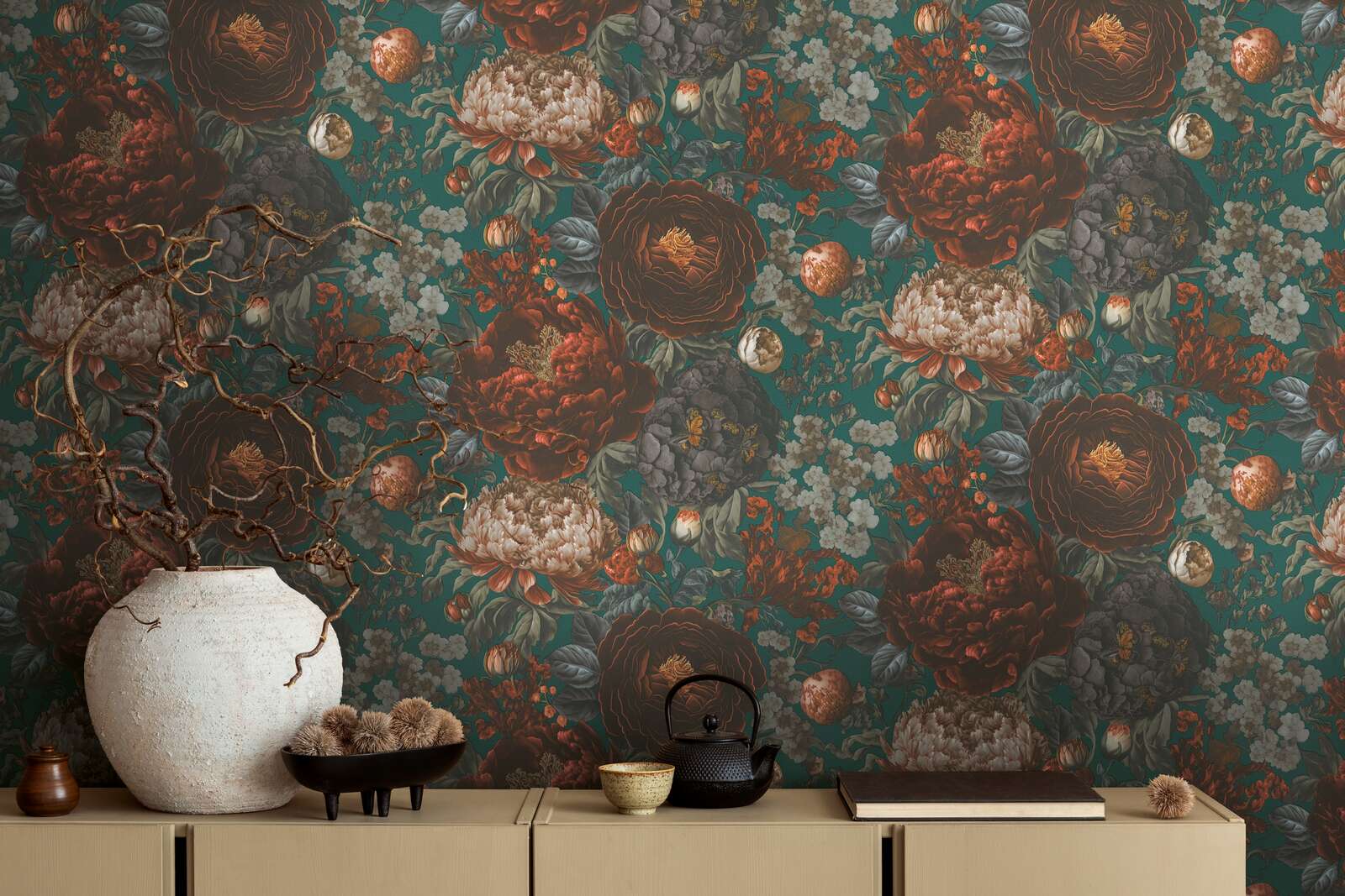 MICHALSKY Vliestapete mit großem Blütenmuster im Vintagelook – Grün, Grau, Orange