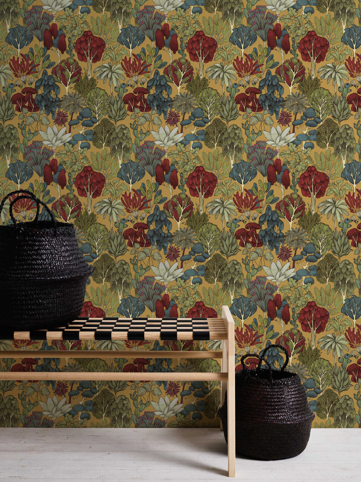             Tapete Senfgelb Bäume mit Doodle Design – Gelb, Rot, Blau
        