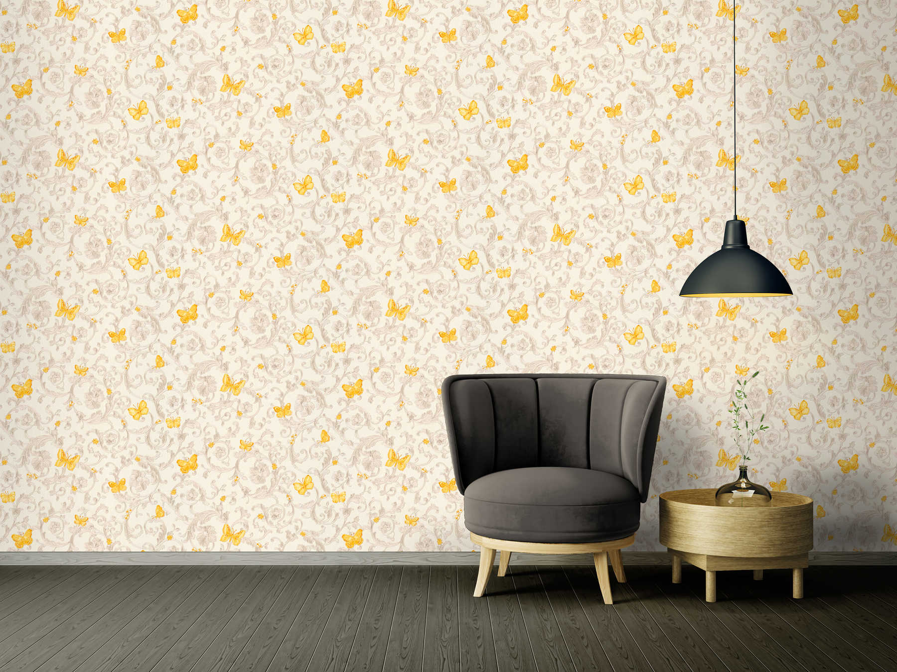             Tapete VERSACE mit Schmetterlingen & Ornamenten – Creme, Gold
        