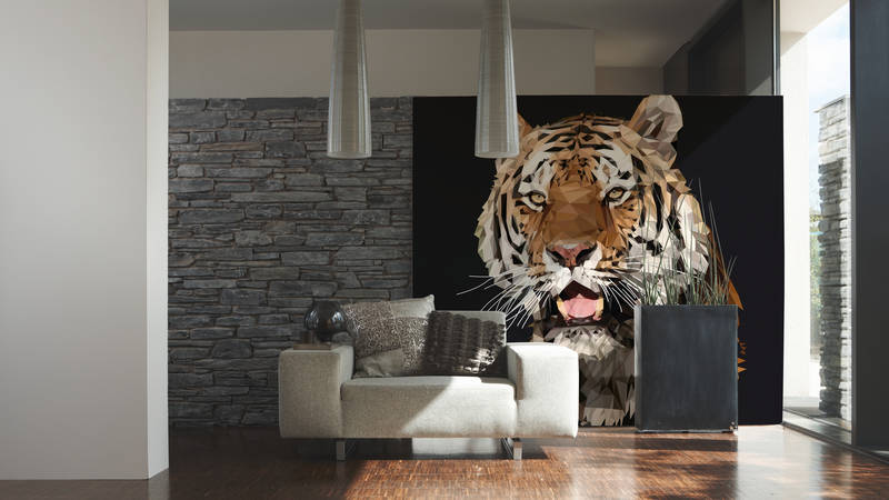 sofa, wohnzimmer, wandkunst, tiger-mural, steinwand