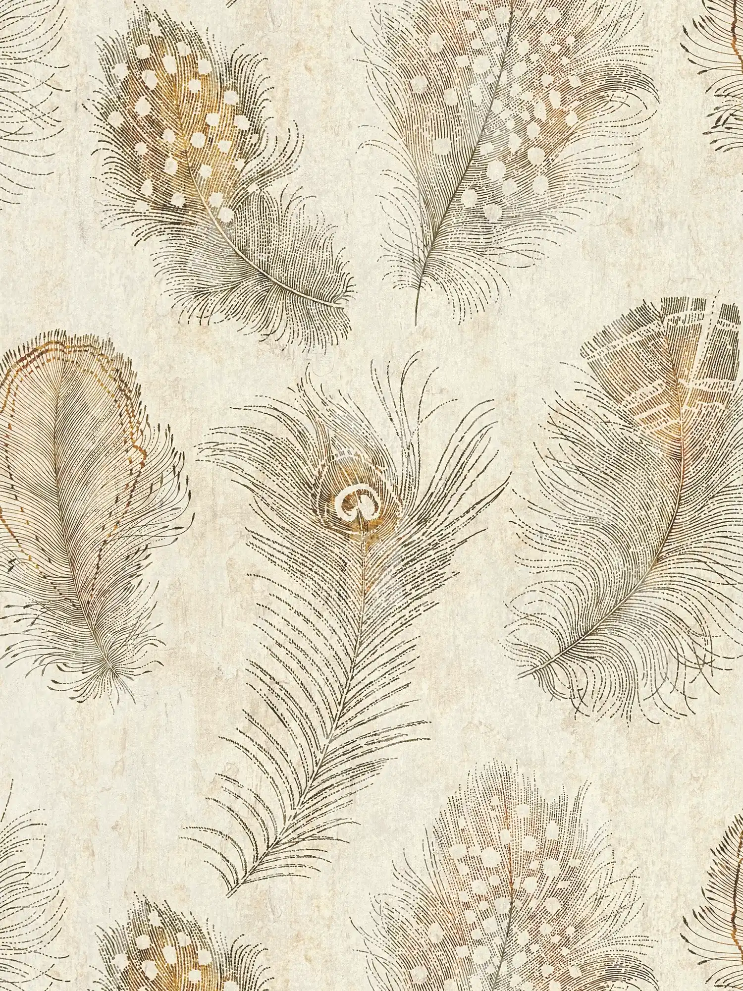 Stilvolle Vliestapete mit Federmotiv matt und leicht strukturiert – Beige, Braun, Creme