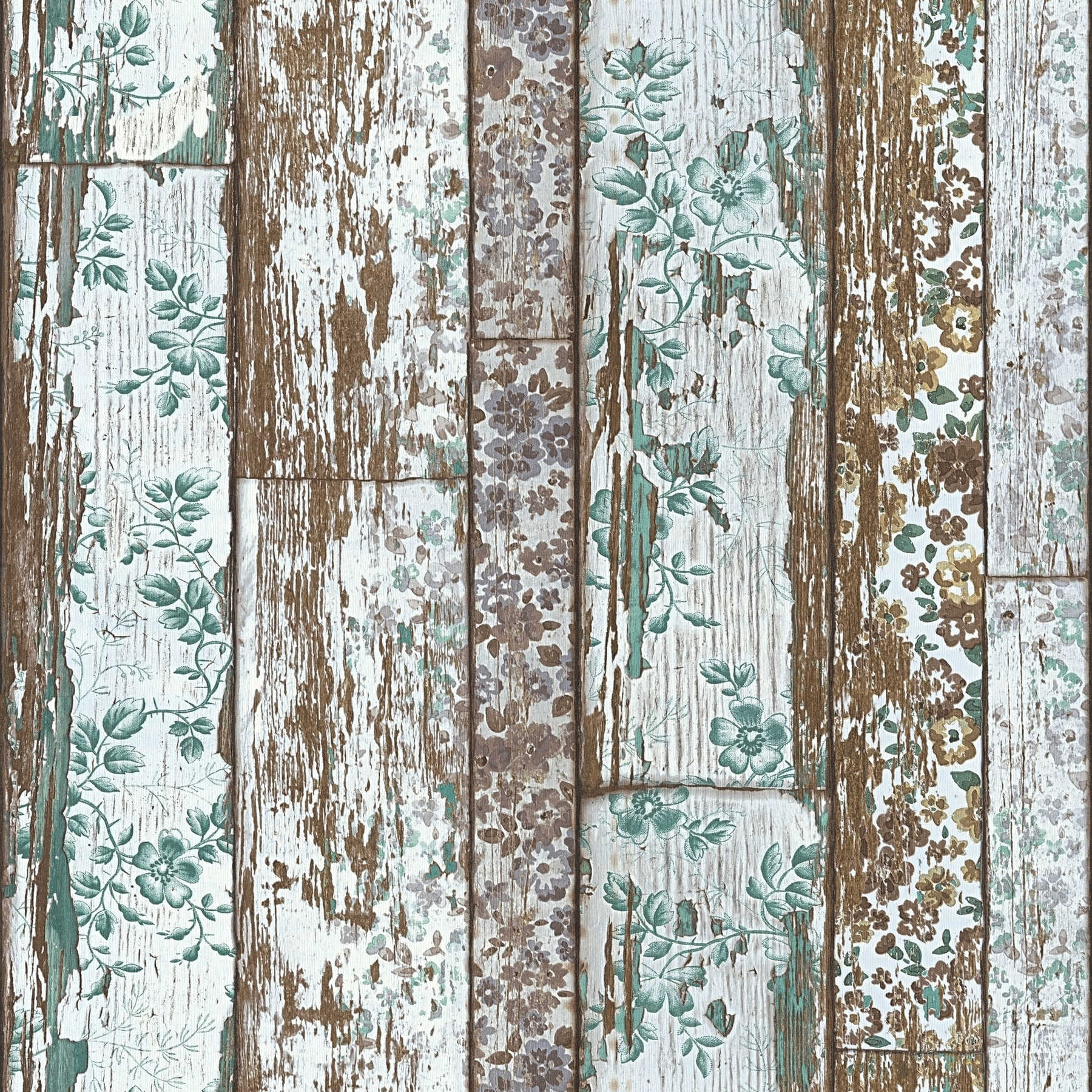         Country house wallpaper plank look with vintage floral print - green, brown, grey
    