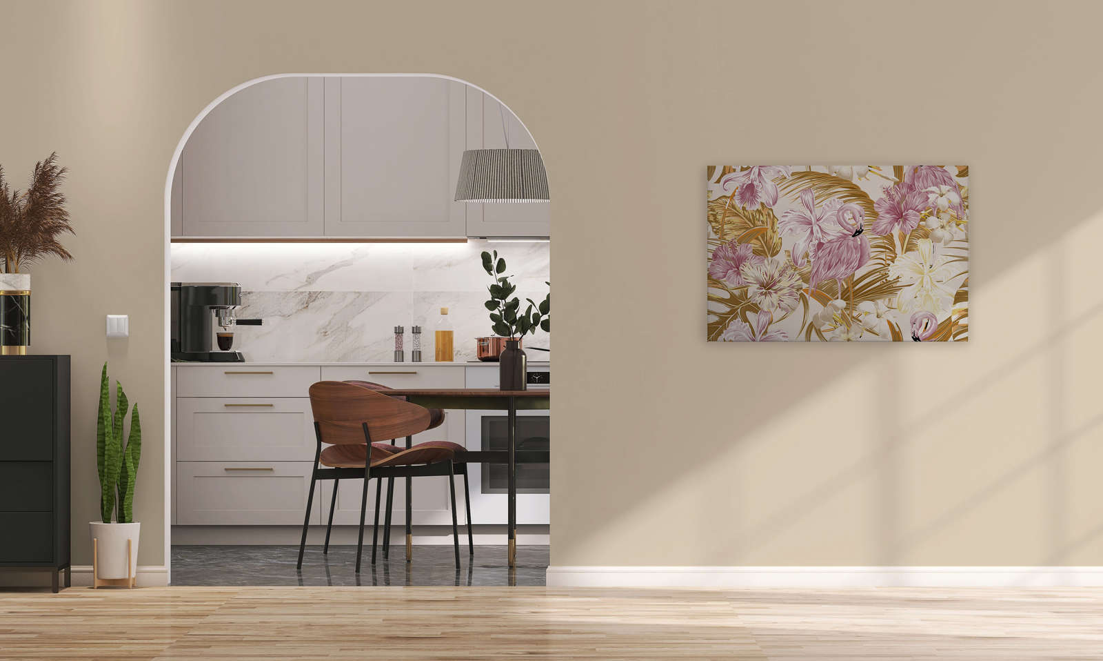             Leinwand Flamingo und tropischen Pflanzen – 0,90 m x 0,60 m
        