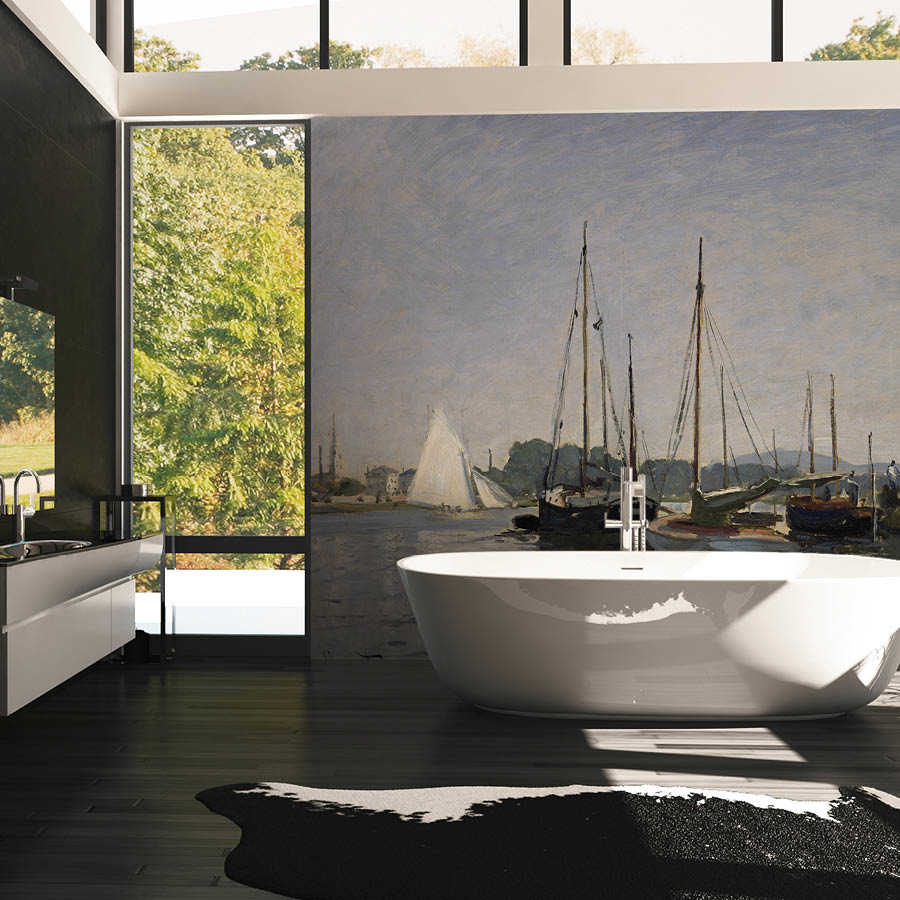 Badewanne, Freistehende Badewanne, Tonwand-Mural, Schwarz-Weiß-Kontrast, Bodenteppich