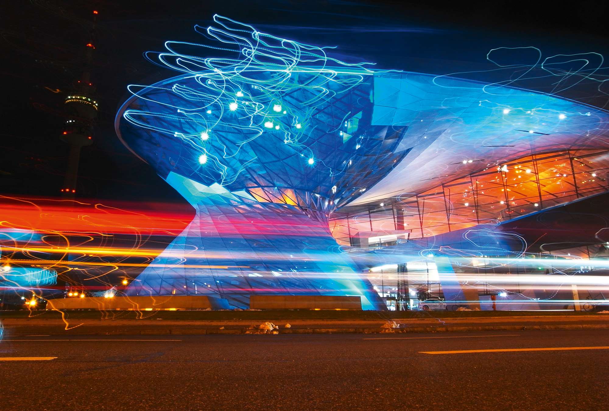 architektur, gebäude, neon, nacht, bewegungsunschärfe