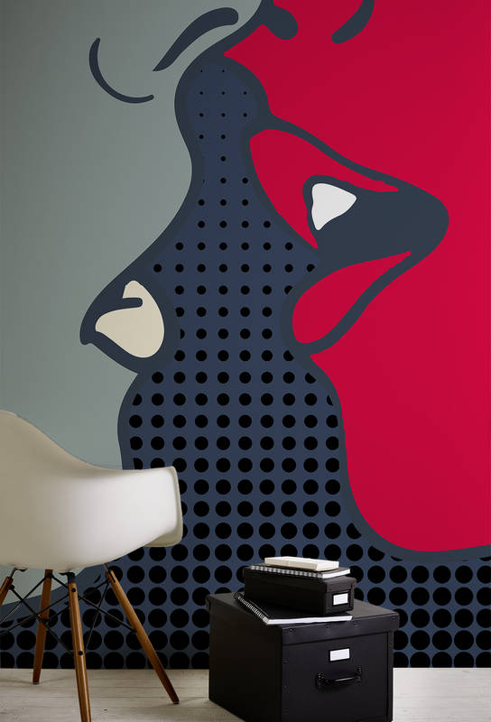 wandbild, punkterastermuster, abstrakte kunst, roter hintergrund, stuhl