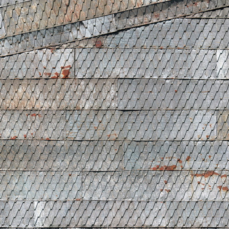         Metall Design Fototapete – Vliestapete mit Schindelmuster und Used-Effekt – Grau, Rot, Braun
    