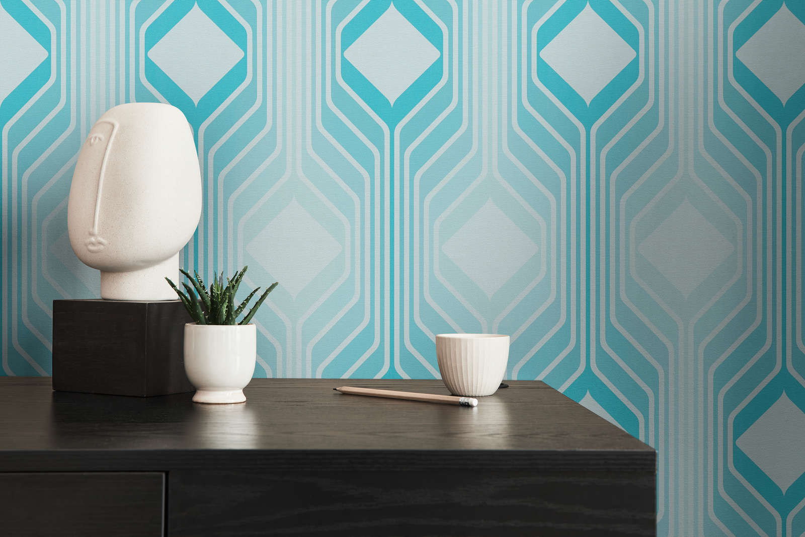             Rauten Muster auf Retro Vliestapete – Blau, Hellblau, Türkis
        