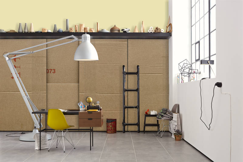             Fototapete Pappkarton Design mit Icons & Karton-Details
        