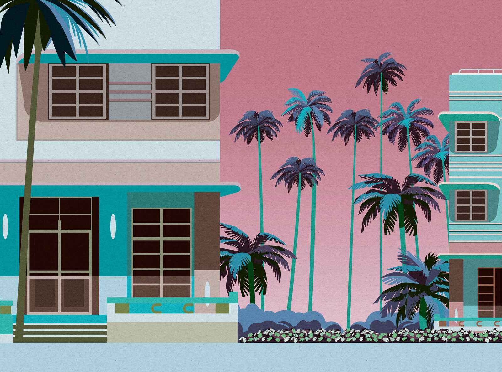 Retro Fototapete 'Miami' mit farbenfrohen Gebäuden und Palmen vor Sonnenuntergang als Vliestapete – Blau, Pink, Braun