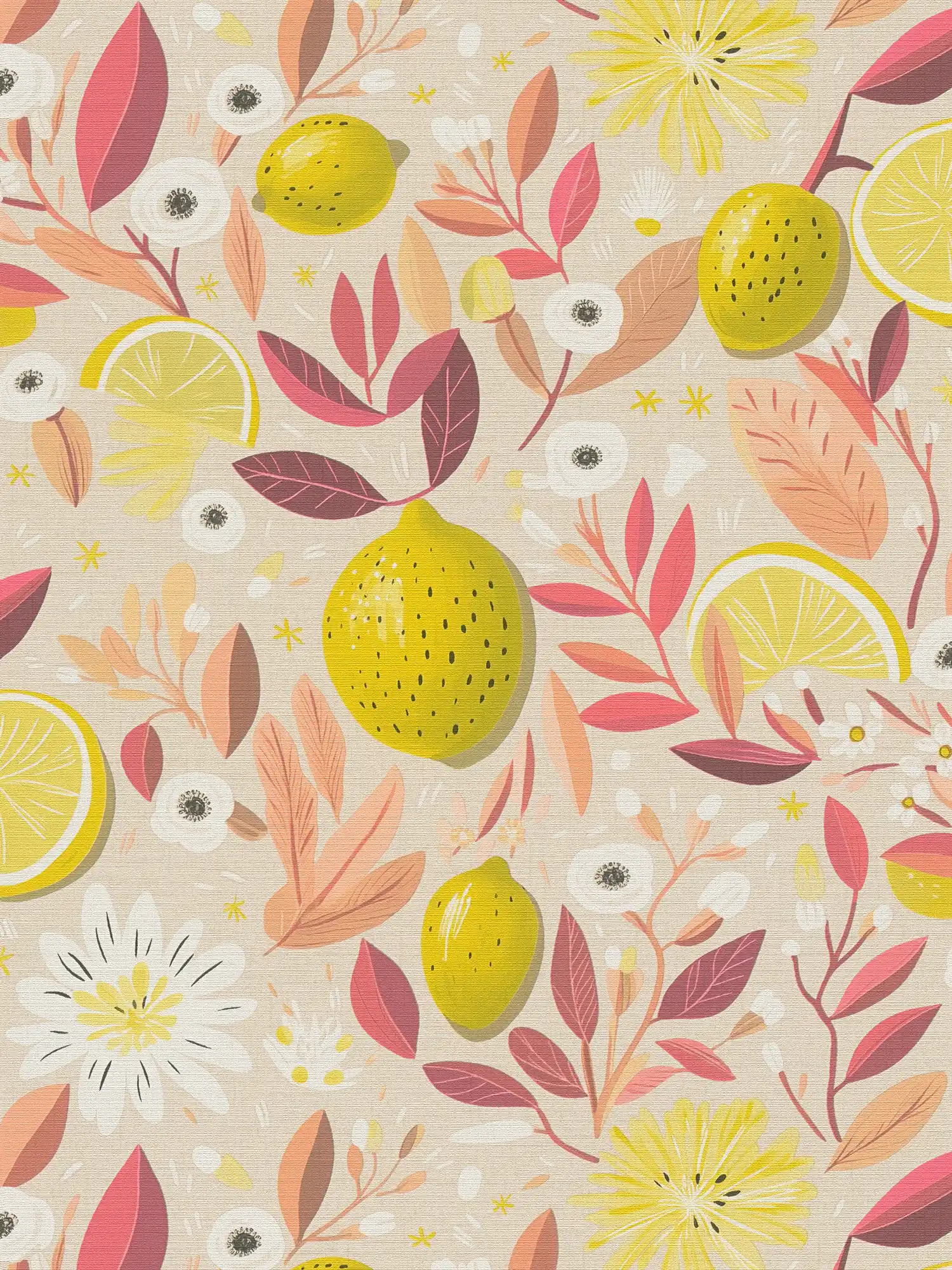         Non-woven wallpaper with lemons and rose-coloured plants fine textured and matt - beige, yellow, red
    