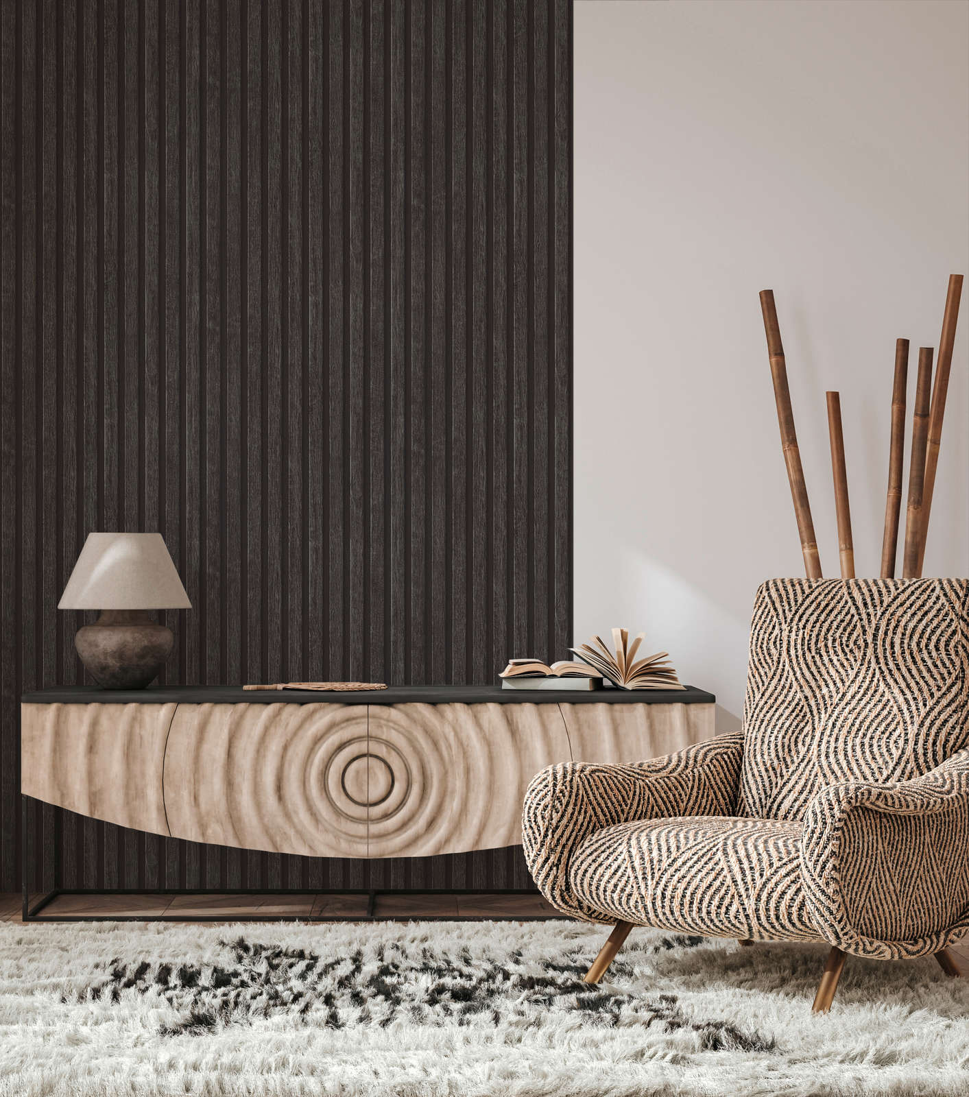             Onderlaag behang in houtlook met paneelmotief - zwart, bruin
        