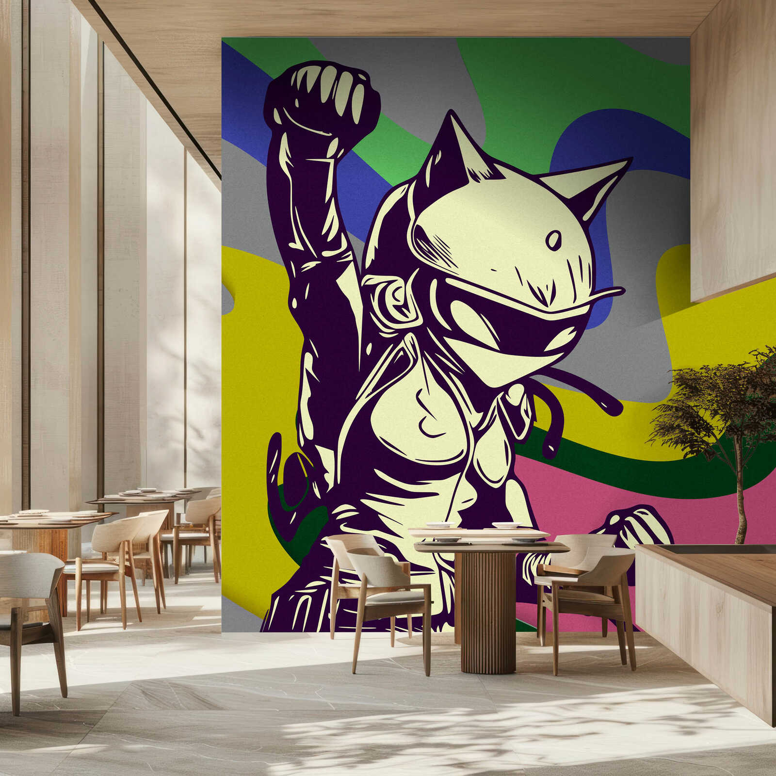 street-art, wandbemalung, astronaut, katz-helm, farbenfrohkunst