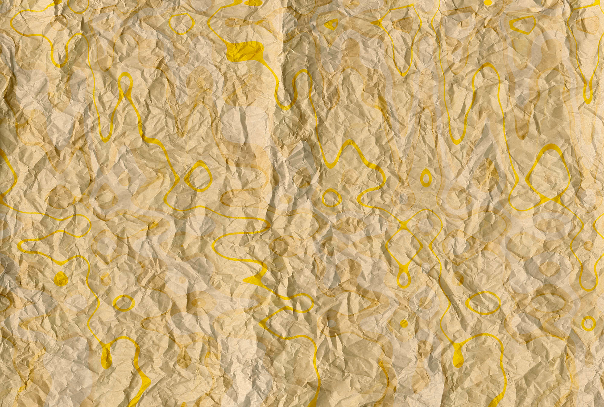 Krumpliges Papier, zerrissenes Papiertextur, musterhintergrund, gelbe Linien, abstrakte Textur