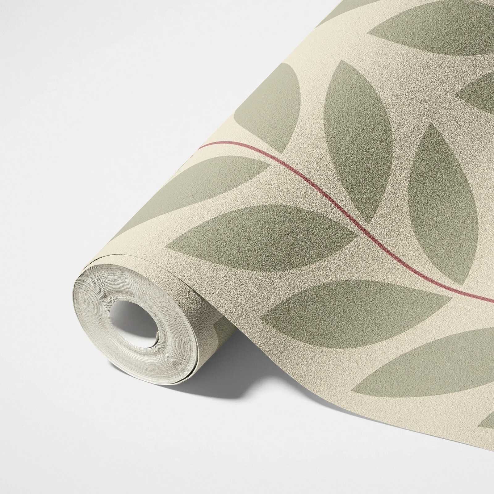             Blattmuster Vliestapete im Retro-Look – Beige, Grün, Rot
        