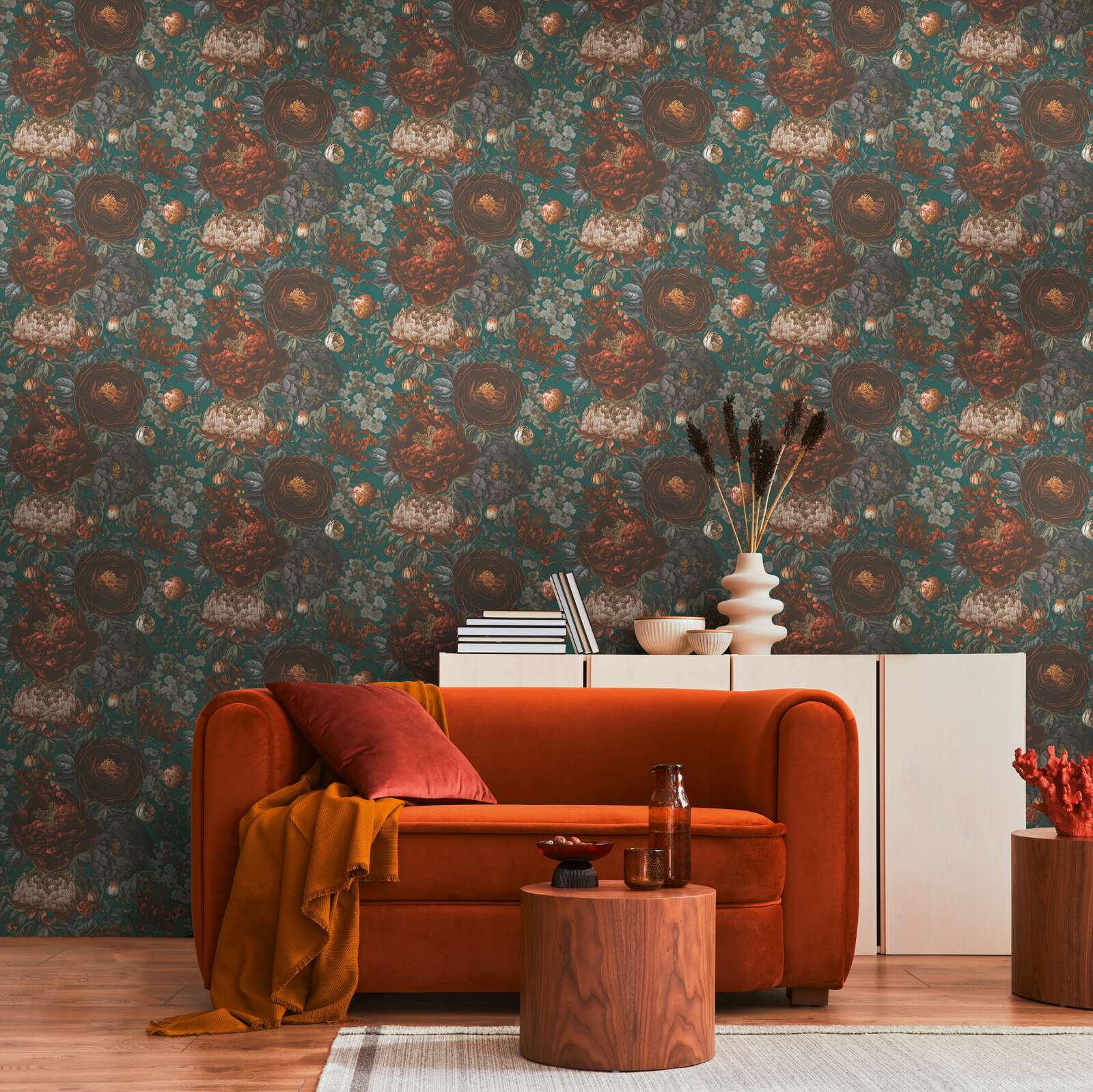 MICHALSKY Vliestapete mit großem Blütenmuster im Vintagelook – Grün, Grau, Orange