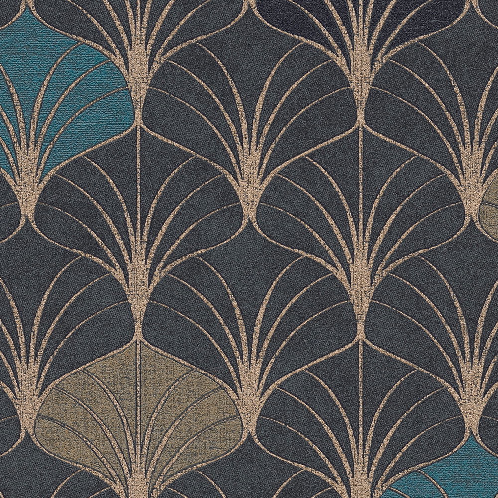             Mustertapete Art-Deco-Stil mit Metallic Effekt – Gold, Schwarz, Blau
        