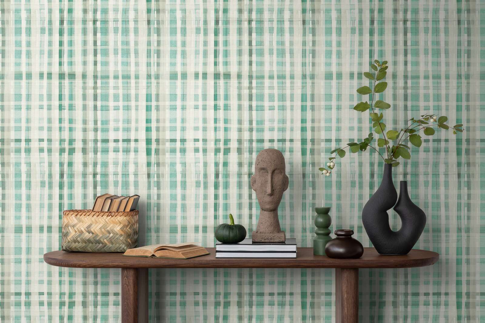             Zeitlose Vliestapete mit frischem Karomuster und einfacher Oberflächenstruktur – Grün, Weiß
        