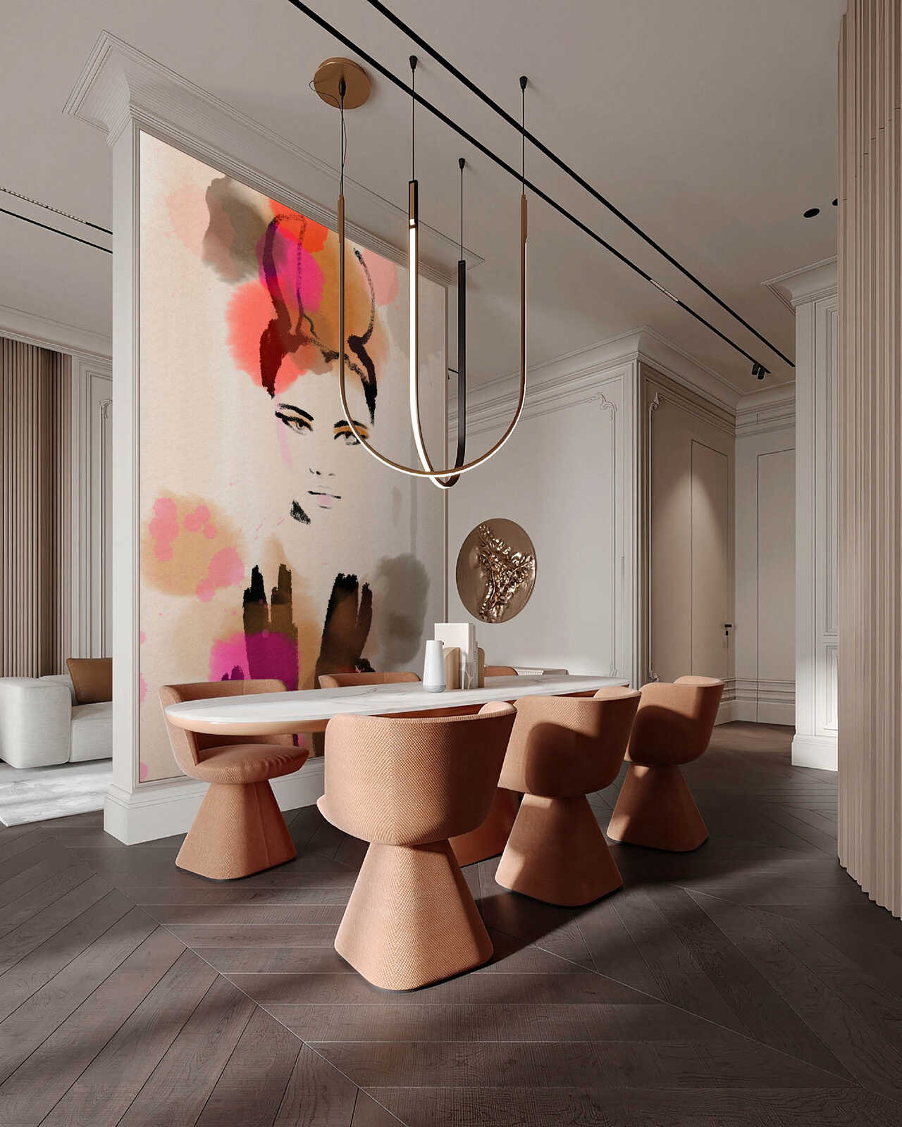 Gedeckte Tischplatte, Stühle, Tisch, Beleuchtung, Wandkunst