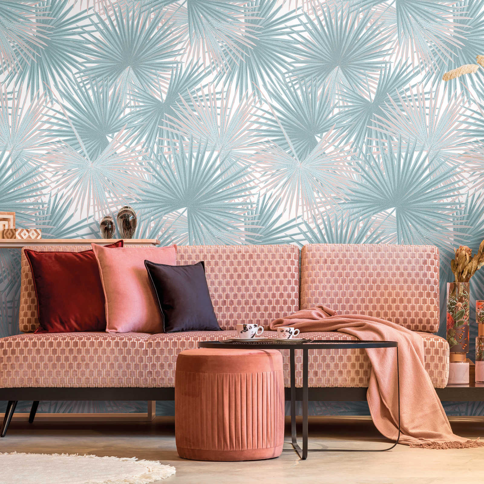         Papier peint intissé avec grand motif de feuilles - bleu, beige, blanc
    