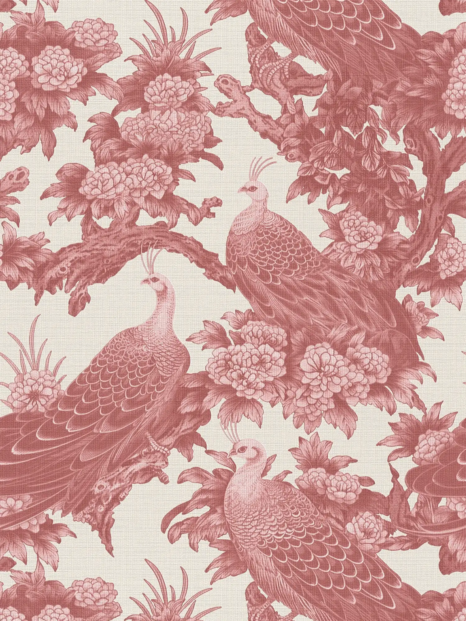         Vliesbehang in Engelse landhuisstijl met vogels - rood, crème, roze
    