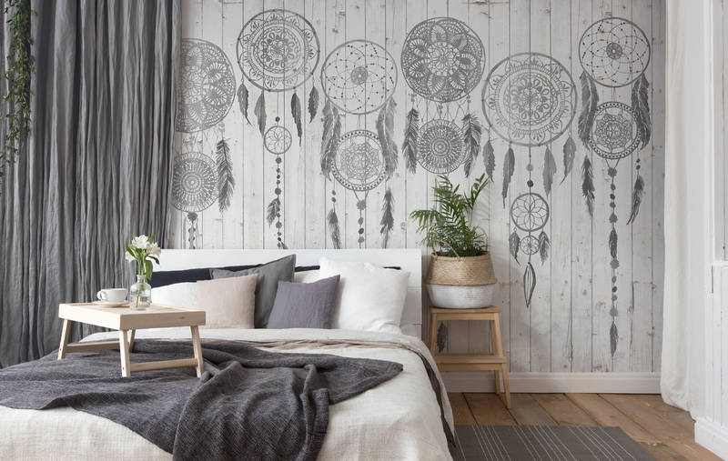             Fototapete helle Holzoptik, Bretterwand & Boho-Design – Grau, Weiß
        