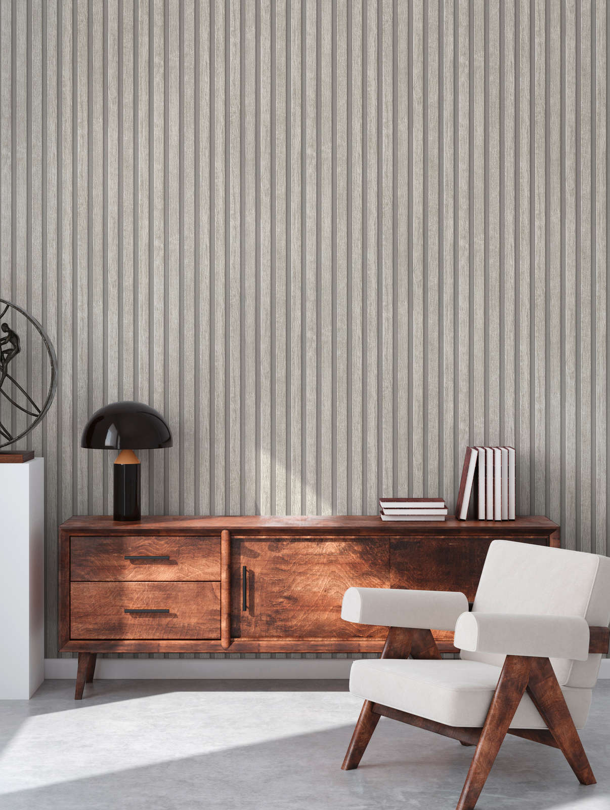             Vliestapete mit Holzpaneel-Muster – Grau, Creme
        