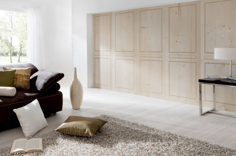 Wohnzimmer, Holzverkleidung, Schrankwand, Teppich, Kissen