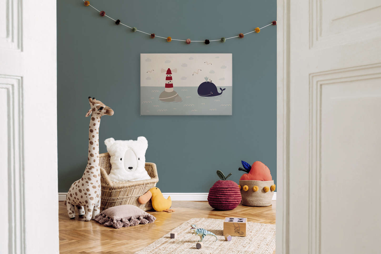 Leinwand fürs Kinderzimmer mit Leuchturm und Wal – 90 cm x 60 cm