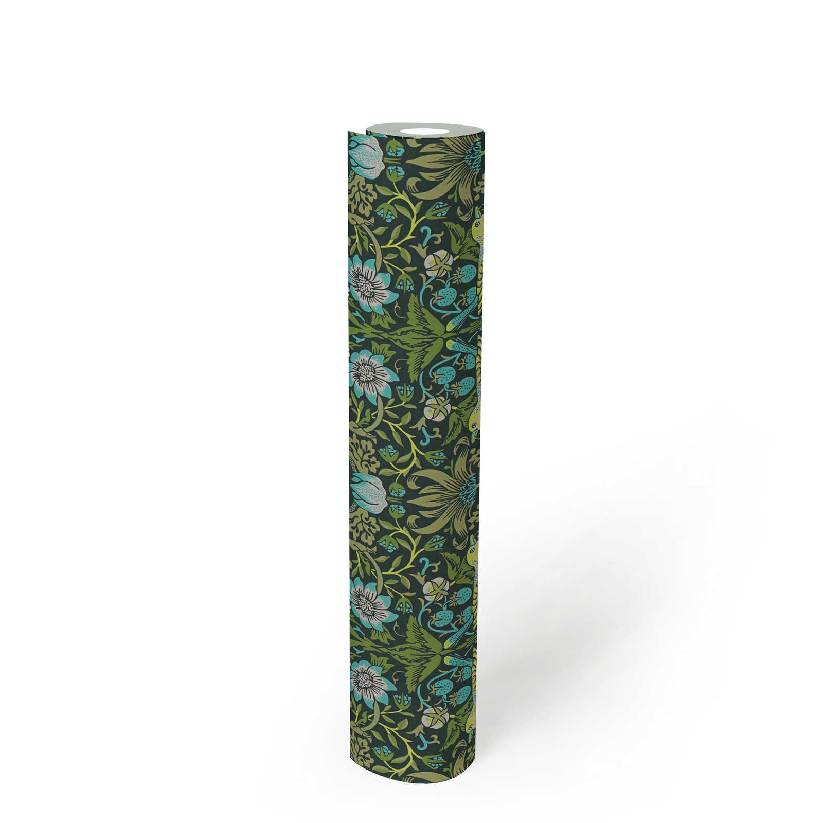 Vliestapete Blumenmuster mit Vögel – Grün, Blau, Schwarz