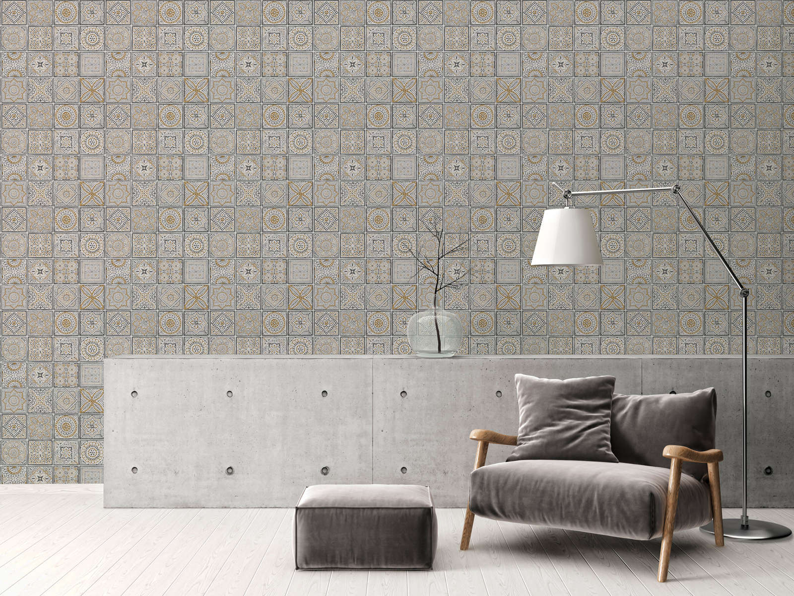             Papier peint intissé floral avec aspect carrelage et mosaïque - or, blanc, noir
        