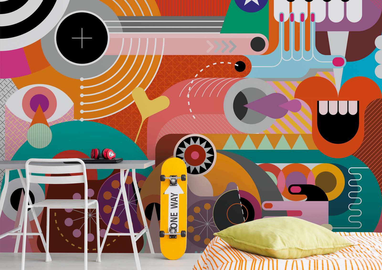 Schreibtisch, Skateboard, Wandkunst, Kissen, Sitzmöbel