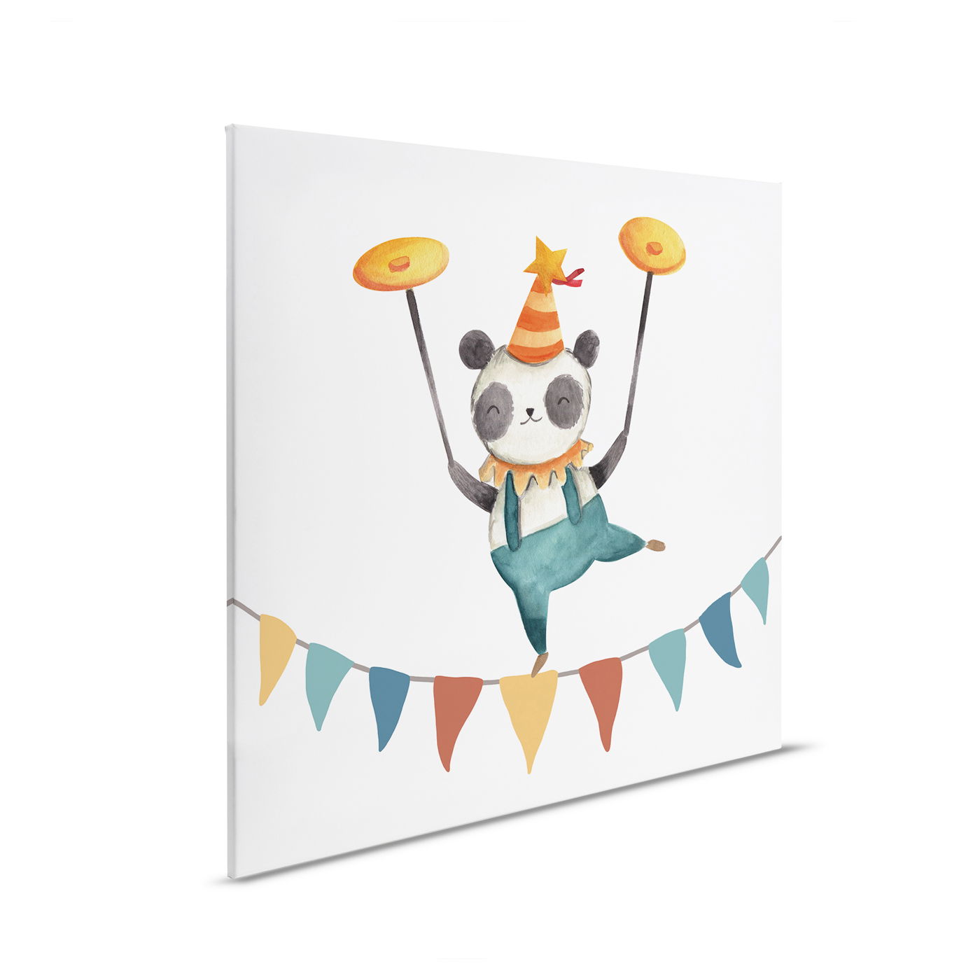         Leinwandbild Balancierender Panda - Lustiges Zirkus-Motiv für Kinderzimmerdekoration – 30 x 30 cm - Bunt, Blau
    