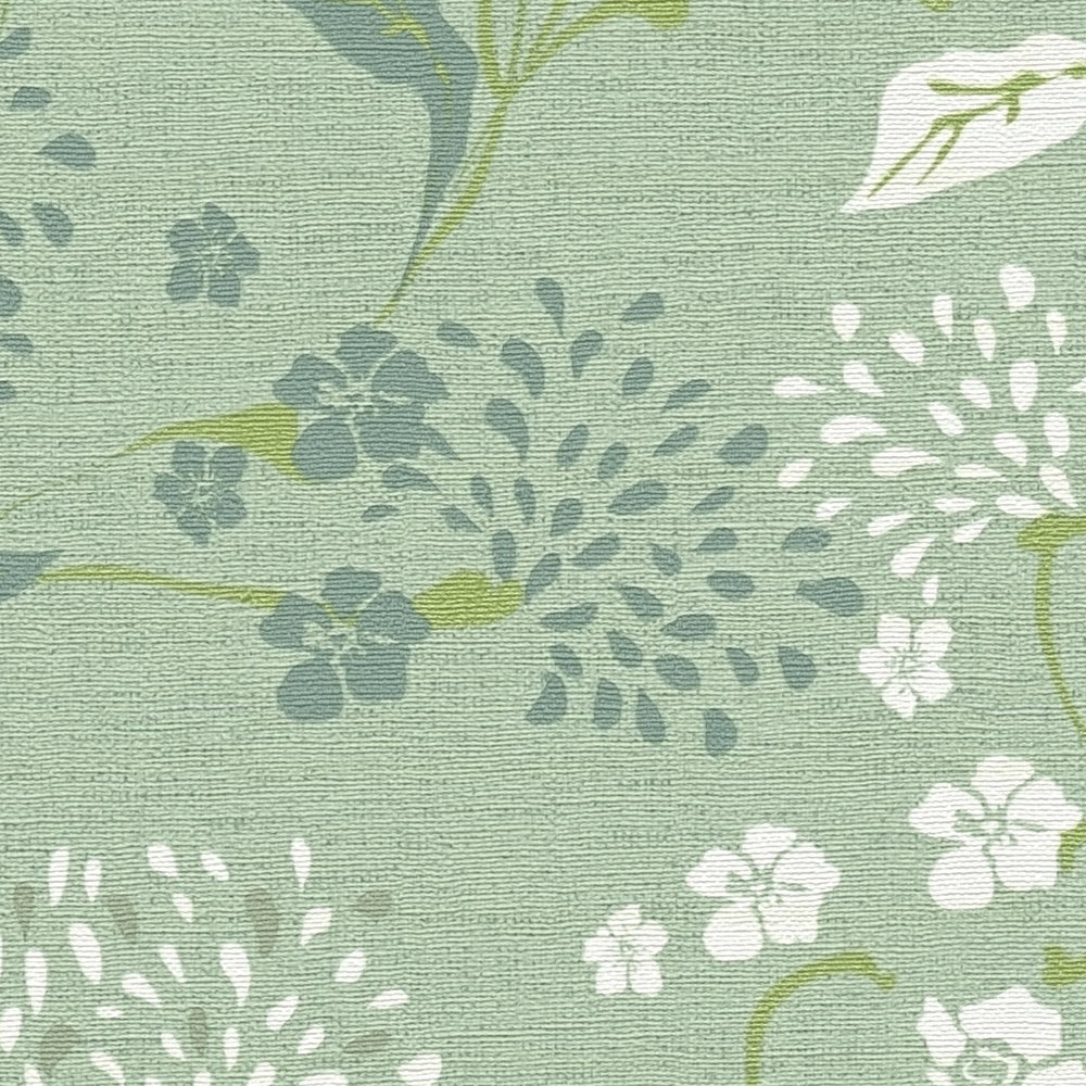 Non-woven wallpaper with floral dandelion pattern - green, white