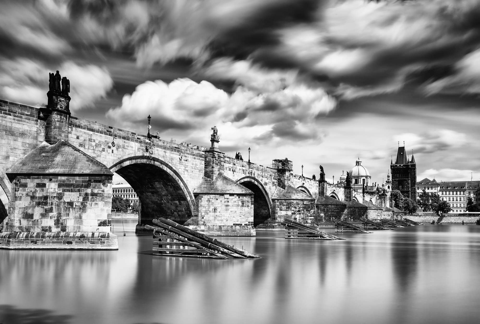 brücke, steinbrücke, fluss, szene, schwarzweiß