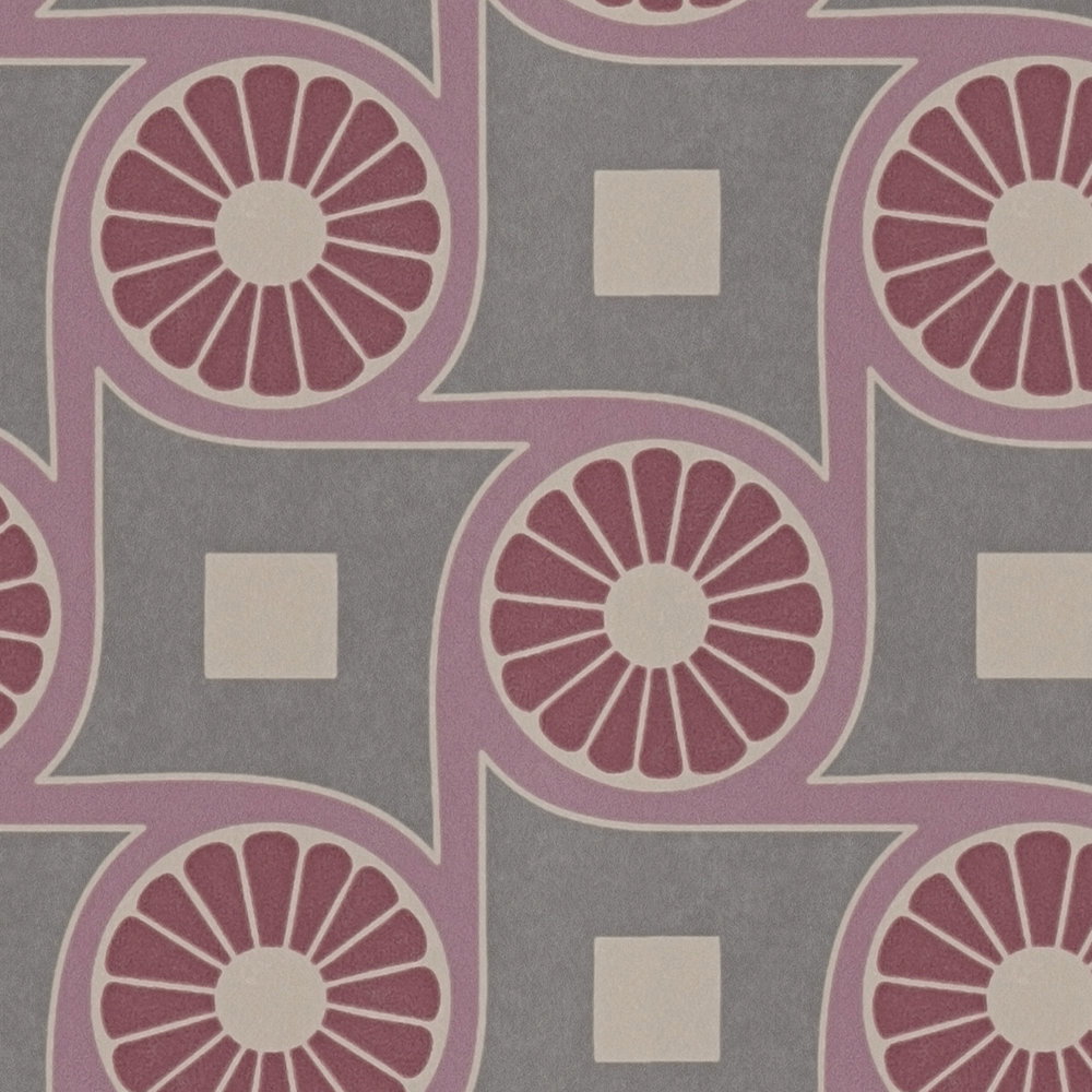 Retro Vliestapete mit Kreismuster und Quadraten – Lila, Rot, Beige