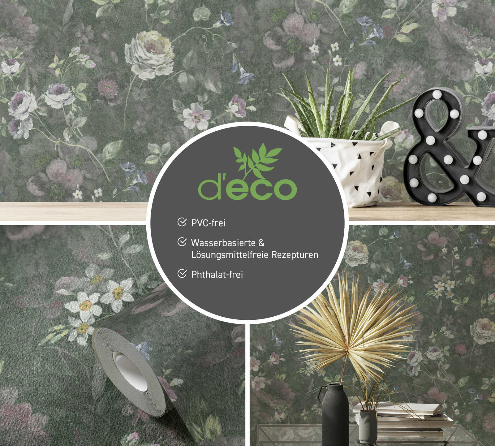             Vliesbehang met geschilderd bloemenpatroon PVC-vrij - groen, wit, roze
        