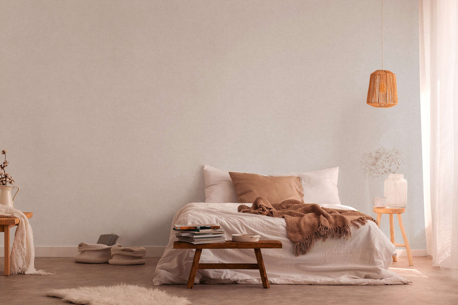 Bett, neutrale-Töne, Leinen, Überwurf-Decke, hängende-Lampe