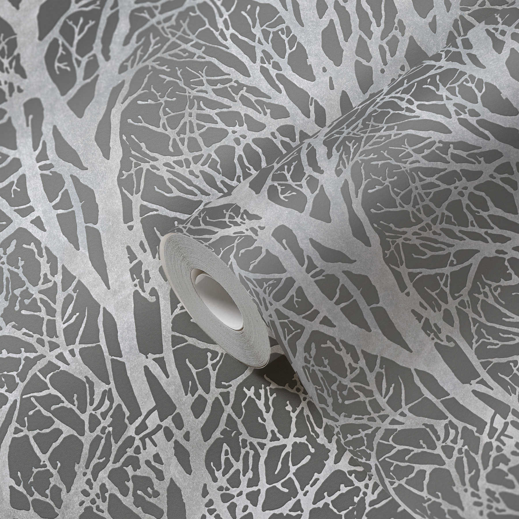             Anthrazit Tapete mit Ast-Motiv & Metallic-Effekt – Silber, Grau
        