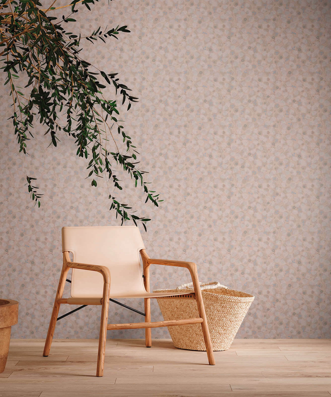             Vliestapete mit Blumenmuster Vintage – Rosa, Weiß, Blau
        