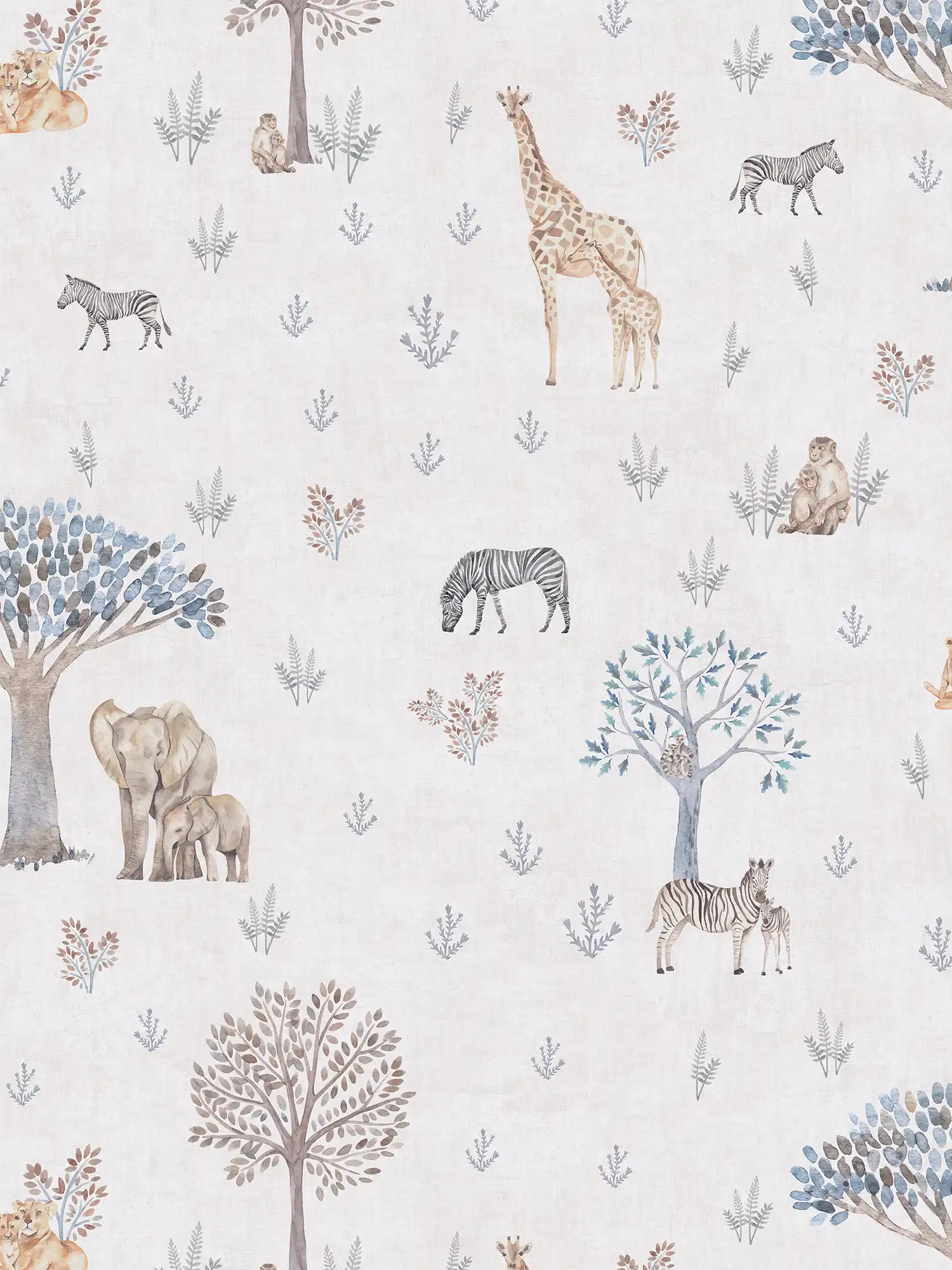         Kinderzimmer Vliestapete Safari-Abenteuer – Süße Dschungel-Tiere in sanften Naturfarben – Beige, Gelb, Grau
    