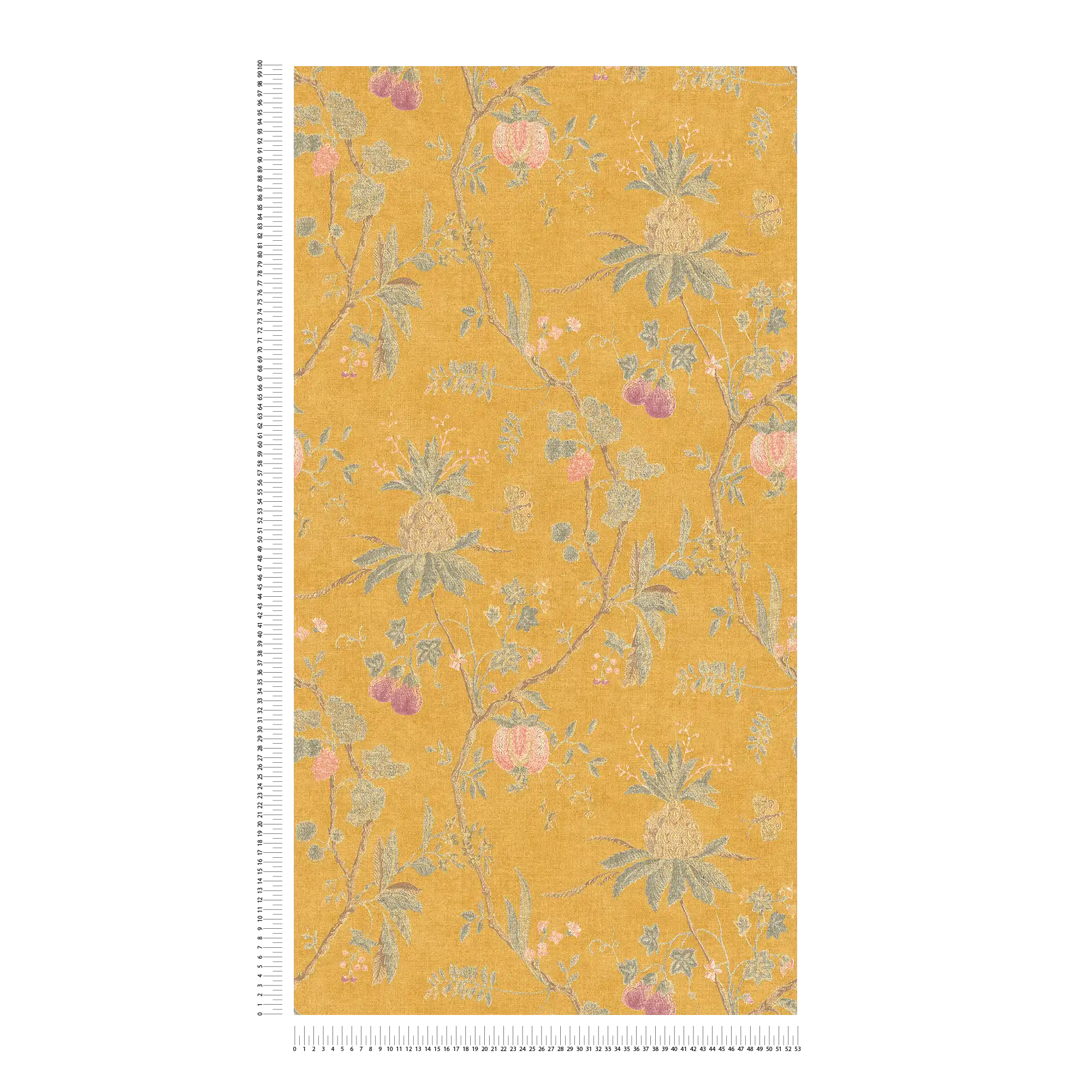             Vintage Tapete florales Muster & Leinenoptik – Gelb
        