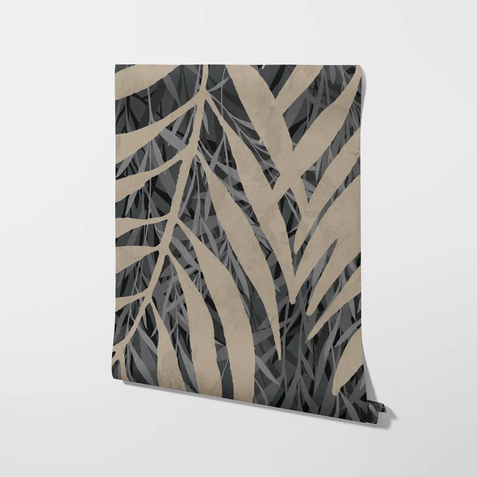             Vliestapete mit dunklen Blattmuster großflächig – Grau, Creme
        