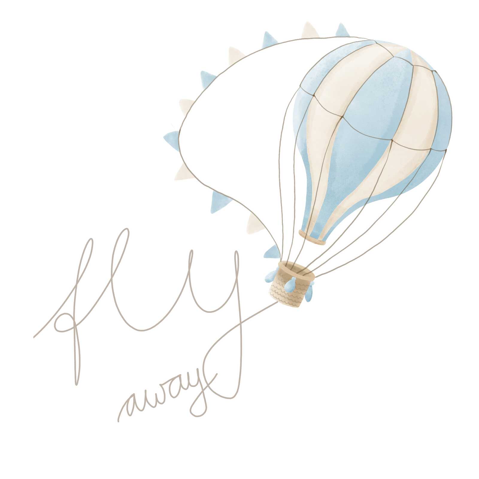 Leinwandbild Fly Away - Verträumter Heißluftballon mit Schriftzug für stilvolle Wandgestaltung im Kinderzimmer – 30 x 30 cm - Beige, Blau