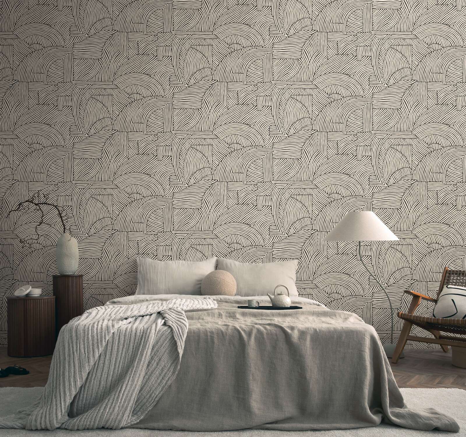 wallpaper, wall pattern, neutral bedroom, textured wall, linen bedding