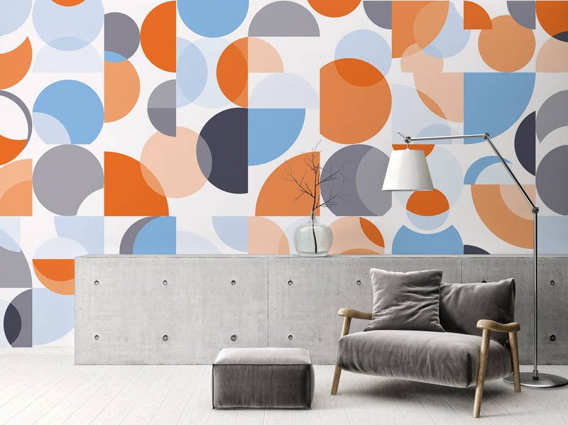             Fototapete Retro-Stil, grafischem Muster & bunte Farben – Blau, Orange, Weiß
        