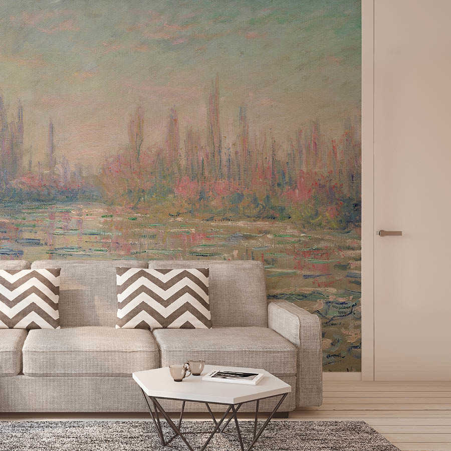 Wandbild Landschaft, abstrakte Stadtsilhouette, Pastellfarben, Sofa, Kissen mit Zickzack