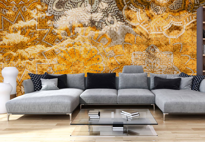 wohnzimmer, sofa, deckenkunst, wandgestaltung, glastisch